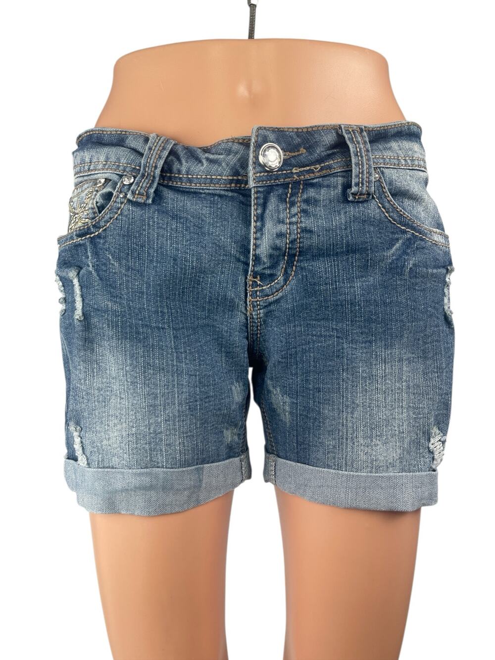 Red Rivet Blue Embroidered Distressed Cuffed Low Rise Mom Denim Jeans Shorts S
